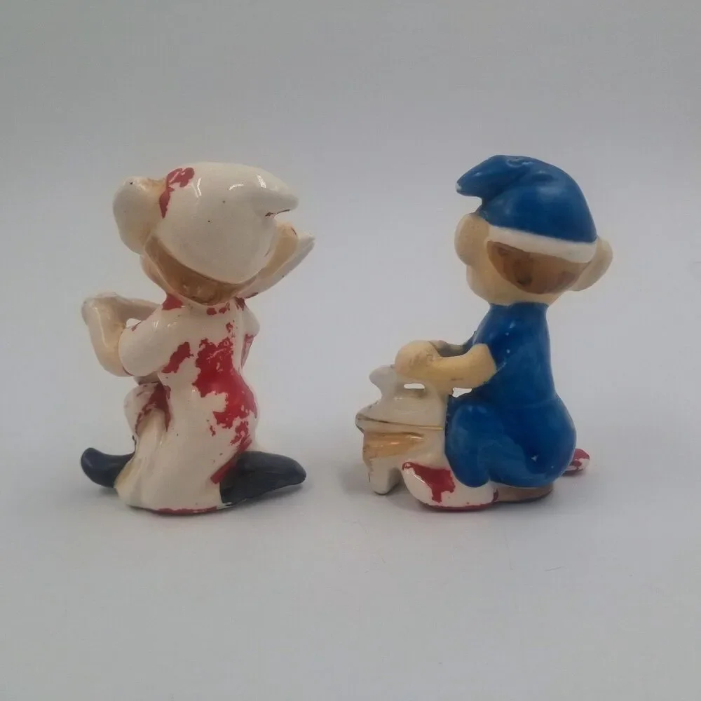 Vintage Sewing Pixie Elf Salt Pepper Shaker Set Ceramic MCM Ironing Scissors